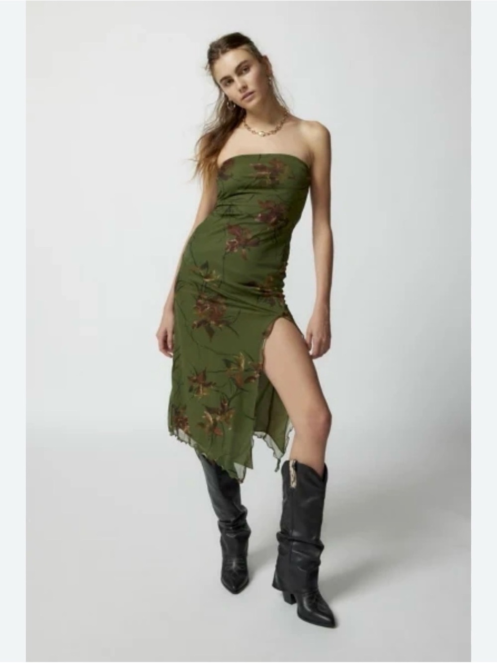 Urban Outfitters Strapless Midi Olive Floral Dress Women’s Medium NWT